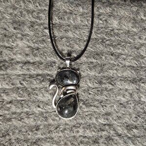 Larvikite gemstone/crystal cat pendant, silver plate, black cord, artisan, new